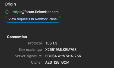 forum.tiekoetter.com using X25519MLKEM768 as shown in the chrome privacy and security tab